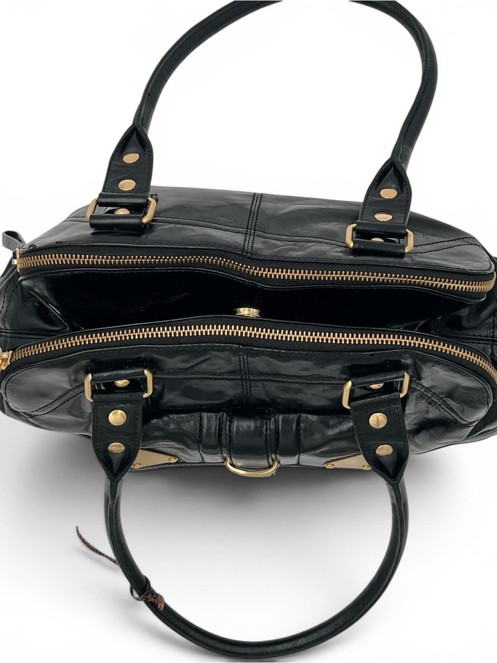 Vintage Kate Landry Black Glossy Leather Satchel Y2K Zebra Lined Shoulder Bag - Picture 7 of 8